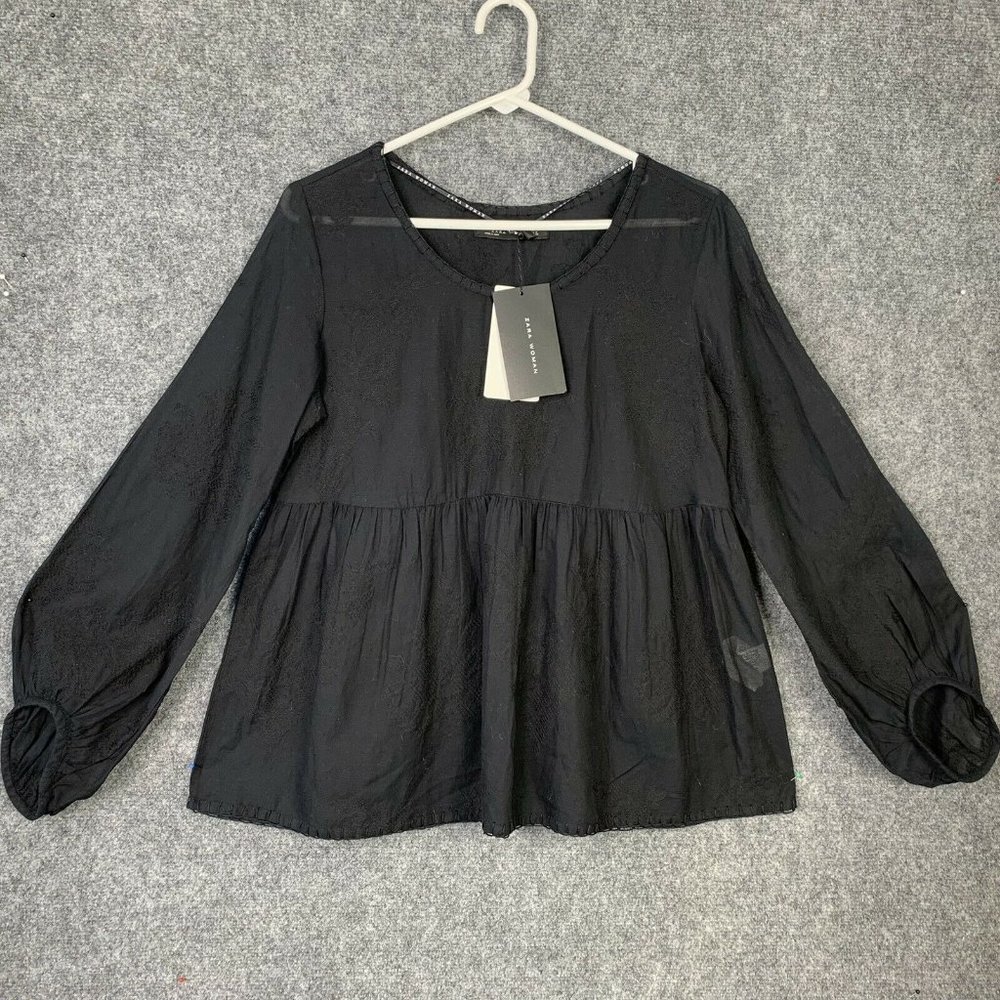 Zara Woman Semi Sheer Black Floral Top Women Size Medium Puff Sleeve Peplum